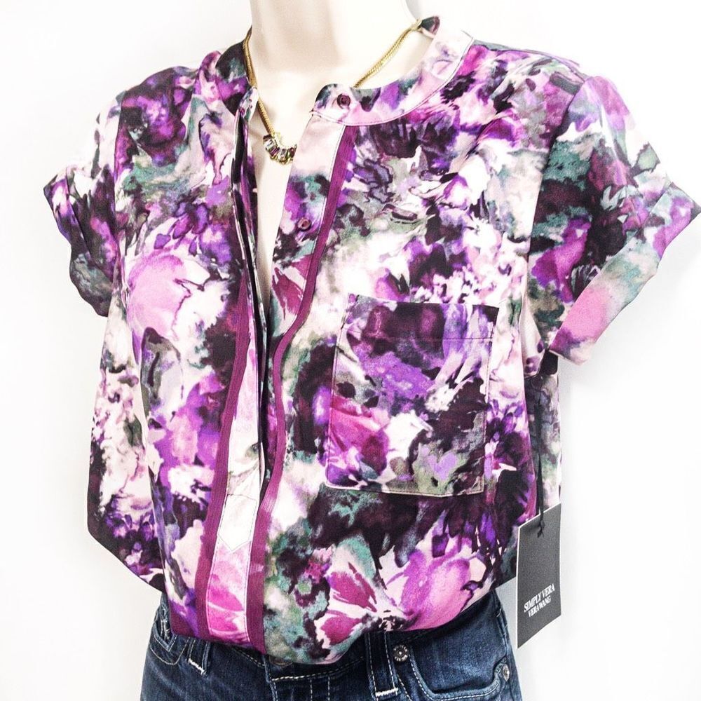 NWT Simply Vera Wang Silky Violet Florals Blouse Sz XS